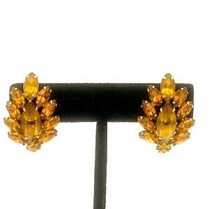 Vintage Amber Rhinestone Clip Earrings Gold Marquise Cluster